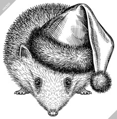 Vintage engrave isolated christmas hedgehog set illustration santa costume cut ink sketch. Wild pet background line new year hat hedge vector art