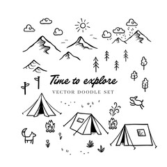 Cute hand drawn camping doodle elements, landscape, trees, tents and decoration - obrazy, fototapety, plakaty