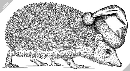 Vintage engrave isolated christmas hedgehog set illustration santa costume cut ink sketch. Wild pet background line new year hat hedge vector art © Turaev