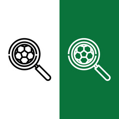 Football or Soccer Search Vector icon in Outline Style. a Magnifying glass with soccer ball is a symbol of Search or Zoom. Vector illustration icons can be used for apps, websites, or logo.