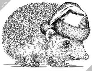 Vintage engrave isolated christmas hedgehog set illustration santa costume cut ink sketch. Wild pet background line new year hat hedge vector art © Turaev
