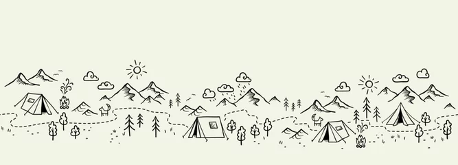 Foto op Plexiglas Cute hand drawn vector camping seamless pattern, great for textiles, banners, wallpapers - doodle tents, trees, mountains © TALVA