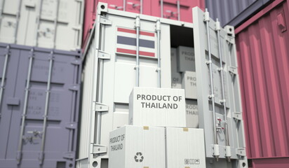 Cartons with goods from Thailand and shipping containers in the port terminal or warehouse. National production related conceptual 3D rendering