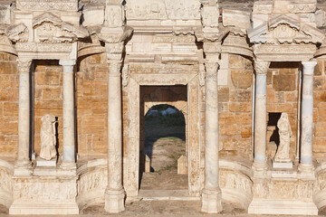 Fototapeta premium Amphitheatre classic columns in Hierapolis archeology landmark. Pamukkale, Turkey