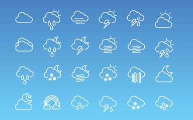 Weather line icon set on blue background. Vector outline collection of meteorology illustration