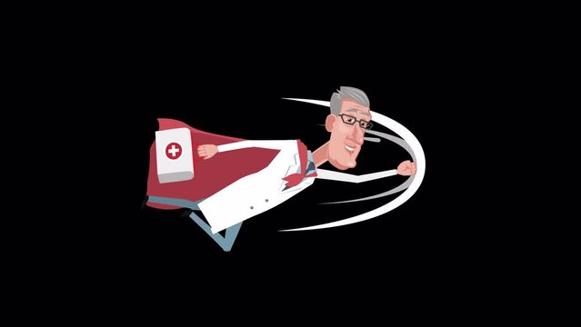 Cartoon male elderly gray-haired doctor superhero character in red cape flies forward animation with alpha channel
