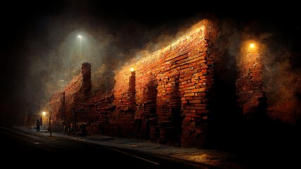 Dark empty old night street, with old brick walls with neon lights. Smoke, smog, textured brick walls illustration