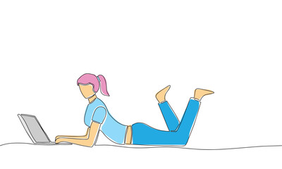 Girl with pink hair lay and work with laptop. Girl with laptop in outline line art modern style with color. Freelance, work from home