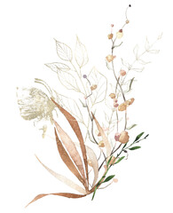 Watercolor floral arrangement. Orange, red and golden dust autumn and exotic butterfly, palm branch, leaves and twigs