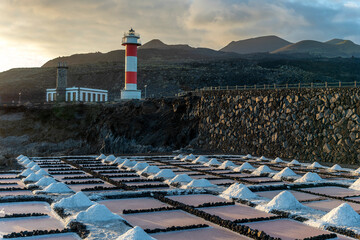 View of the lighthouse and salt pans of Fuencaliente at sunset, located in the south of the island of La Palma, Canary Islands (Spain).