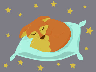 A cartoon fox sleeping on a pillow among the stars in a vector illustration