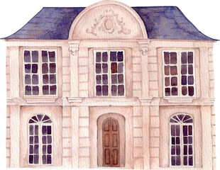 Obraz premium Watercolor wedding venue village design, manor house, rustic wedding, estate, cottage, invitation background, vintage home, summer architecture building, garden