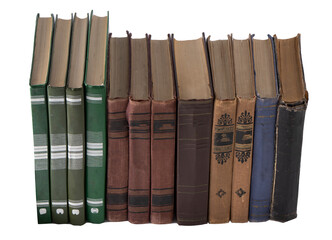 Stack of old books isolated on white background. Library shelf. The book is in a cloth cover....