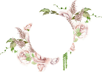 Watercolor rose frame, botanical arrangement, greenery, spring, summer clipart, wedding invitation, save the date, bridal shower, vintage, blossom, flower isolated