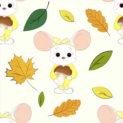 seamless pattern with mouse and autumn leaves