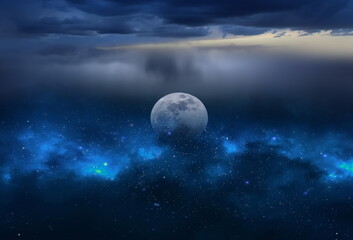 Naklejka na ściany i meble starry night blue sky and big moon seascape 
