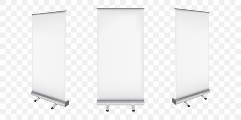 A set of roll up banner. 3d template for your design. For promotional presentation. Realistic vector illustration isolated on transparent background.