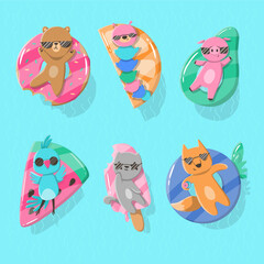 Collection of cartoon animals in the pool on the swim ring