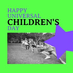 Happy universal children's day text with star over divers children playing tug of ware in park