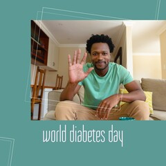 Composite of world diabetes day text and squares with african american man waving hand at home