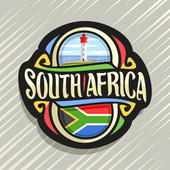 Vector logo for South Africa country, fridge magnet with south african state flag, original brush typeface for words south africa and national symbol - lighthouse at Umhlanga Rocks on sea background