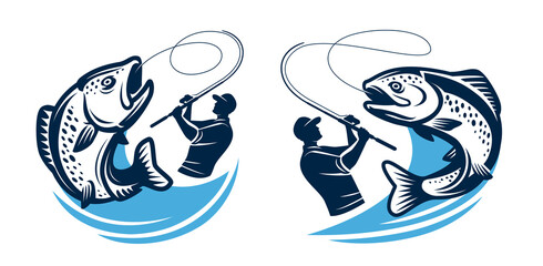 Fishing logo or badge. Fisherman catches big fish on spinning rod. Angling symbol isolated. Vector illustration