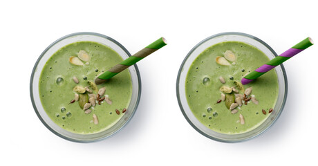 Green smoothie  isolated on white, detox drink with various grains and seeds, vegetarian food,...