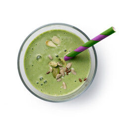 Green smoothie  isolated on white, detox drink with various grains and seeds, vegetarian food, healthy food