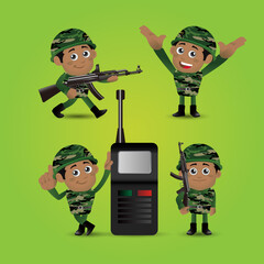Set of army soldiers man in uniform with difference action