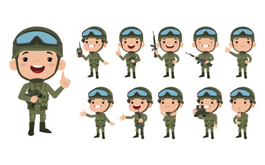 Set of army soldiers man in uniform with difference action