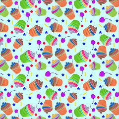 Colorful seamless pattern of mandarin, kelly green color cupcake with barbie pink, blue bell, maximum yellow red, denim, pop star, chestnut color frosting and topping on light cyan background.