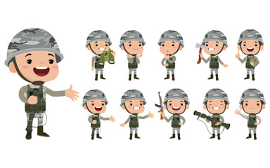 Set of army soldiers man in uniform with difference action