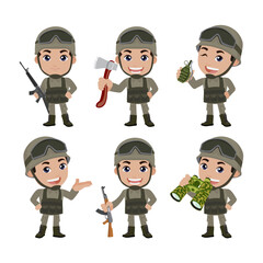 Set of army soldiers man in uniform with difference action