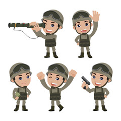 Set of army soldiers man in uniform with difference action