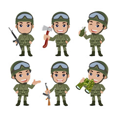 Fototapeta premium Set of army soldiers man in uniform with difference action