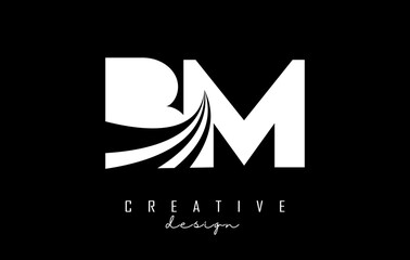 White letters Bm b m logo with leading lines and road concept design. Letters with geometric design.