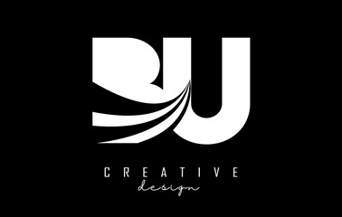 White letters BU b u logo with leading lines and road concept design. Letters with geometric design.