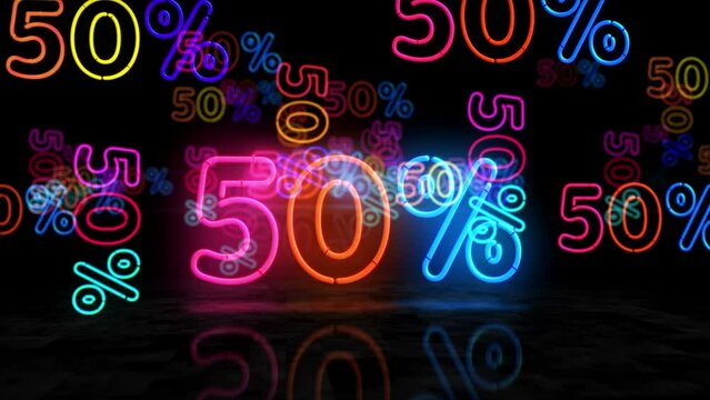 50% neon glowing symbol. Light color bulbs. 50 percent off sale and discount promotion retail abstract concept 3d animation.