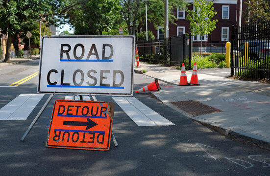 Road Closure Sign During Road Work In Boston, MA