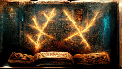 Runes, stone, cuneiform, Celtic patterns, magic books. Artifacts. Ai.