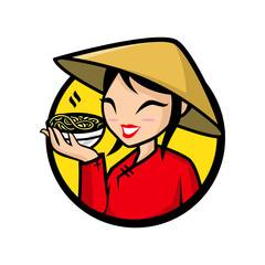  mascot vietnamese girl holding pho bowl in vector - obrazy, fototapety, plakaty
