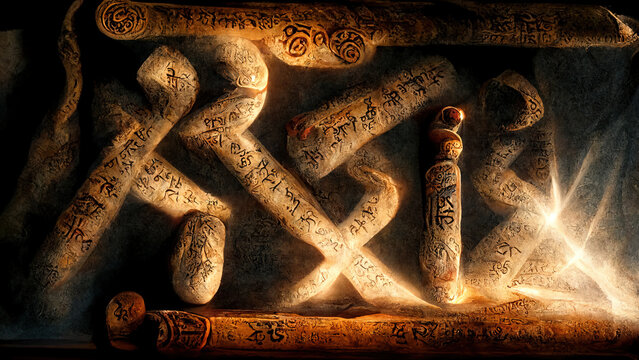 Runes, stone, cuneiform, Celtic patterns, magic books. Artifacts. Ai.