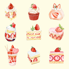 Watercolor style vector illustration with various sweets using strawberries