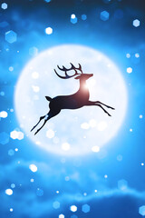 Merry Christmas and Happy New Year concept. Reindeer leaping in the air against the backdrop of the moon and snow.