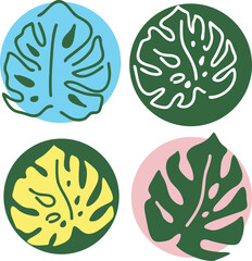 Tropical monstera leaves decorative composition for poster print, wallpaper, postcard, logo design to beauty spa salon. Summer holiday, botanical, travel theme. Colorful silhouette vector illustration