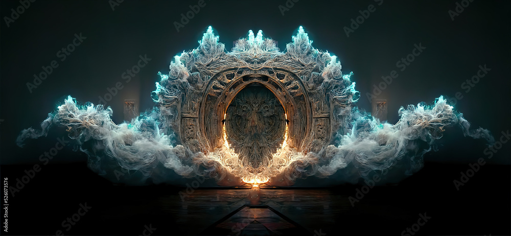 Poster wooden gate in dim clouds in an empty room. portal to another world, magical realism, parallel world