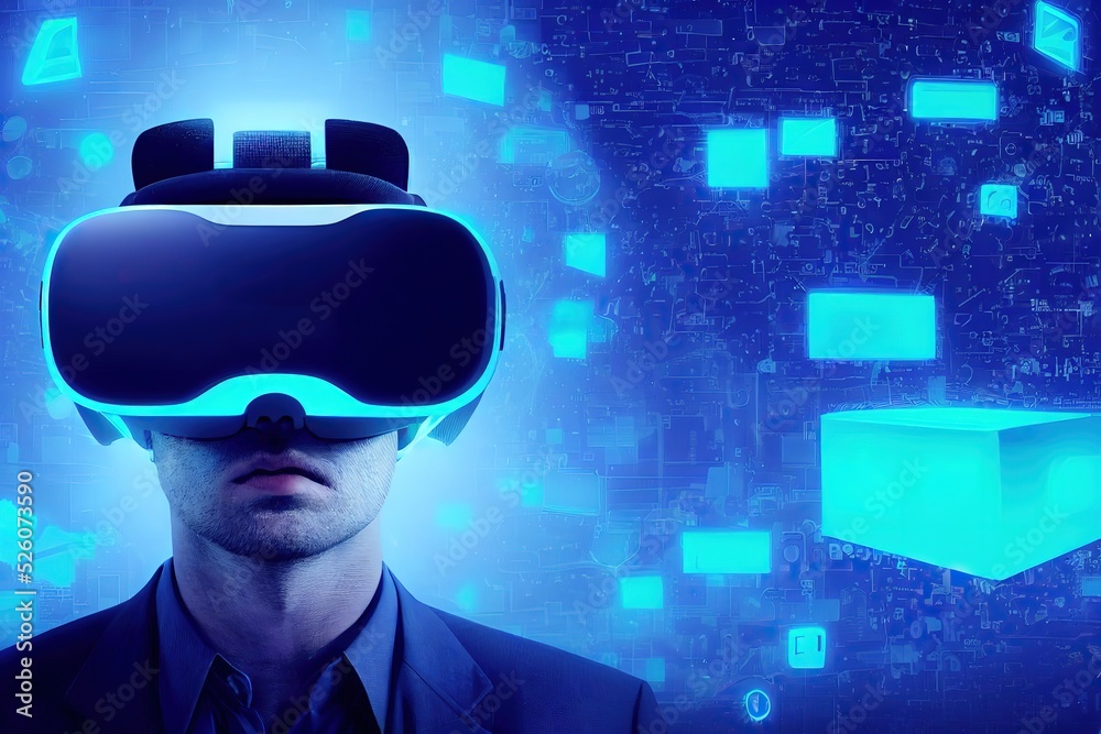 Poster A man with glasses is trying to touch an Object of the Metaverse and Blockchain technology. A young man in virtual reality glasses, Generative AI
