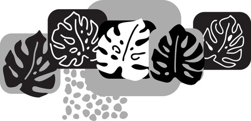 Tropical monstera leaves decorative poster print composition, wallpaper, postcard, logo design to beauty spa salon. Summer holiday, botanical, travel theme. Monochrome silhouette vector illustration.
