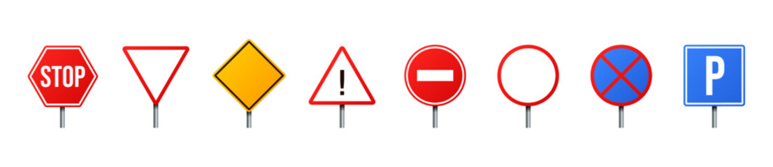 Vector illustration of road signs isolated on white background. Set of traffic signs. Collection of realistic blank traffic control signs on metal poles. 
