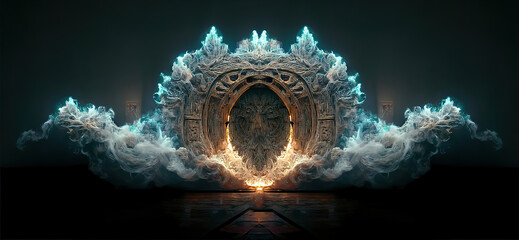 Wooden gate in dim clouds in an empty room. Portal to another world, magical realism, parallel world, ancient runes, relics. Gate to the castle. 3D artwork design